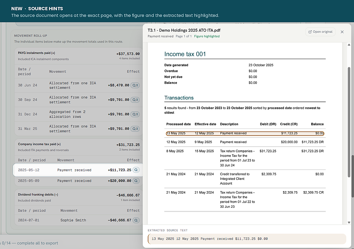 Taxpartna Source Hint opening an ATO Income Tax Account portal report at the highlighted payment received transaction line