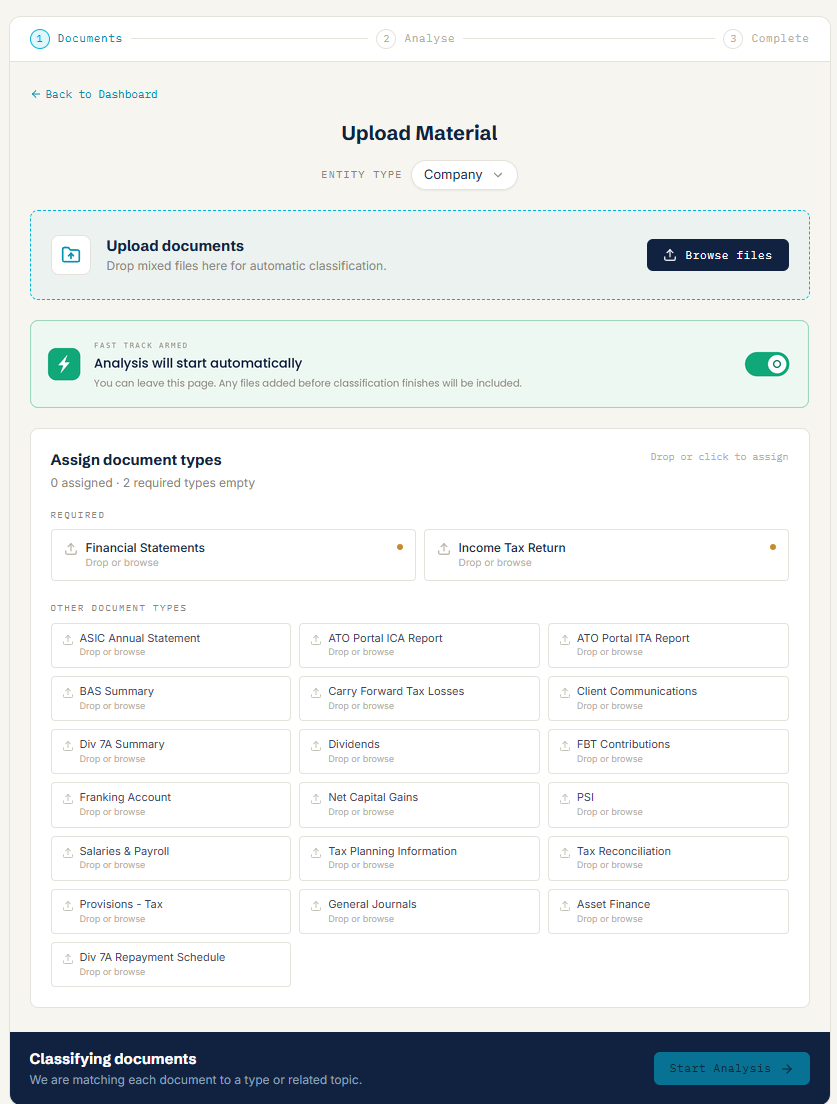 The Upload Material screen with Auto Start Analysis toggled on, showing the Fast Track Armed panel confirming analysis will start automatically once classification finishes