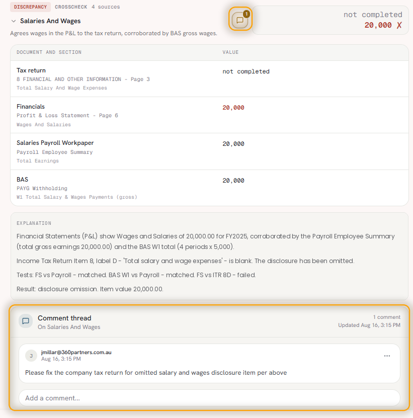 A cross-check item with the comment thread open, showing a review note left by a team member that is carried into the exported report