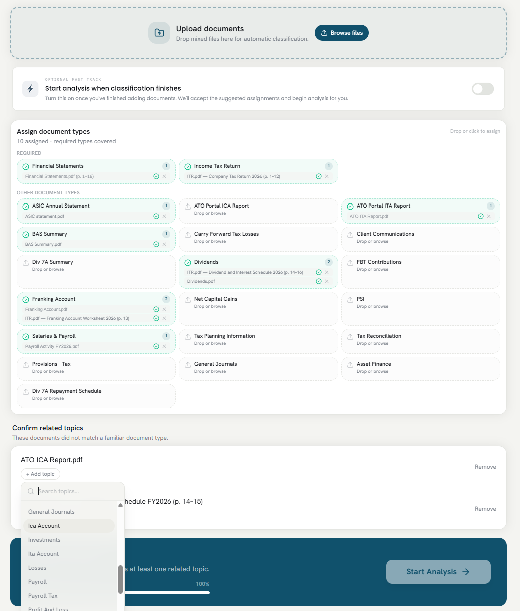 Confirm related topics panel — searchable dropdown for assigning review topics to unrecognised documents