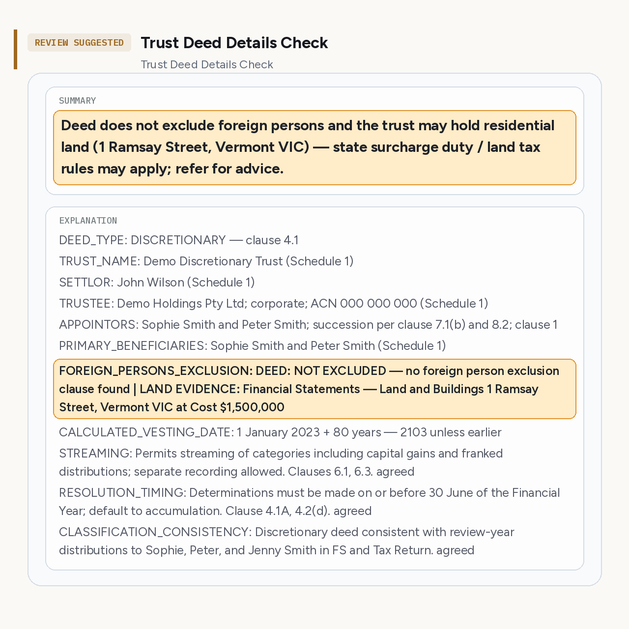 Taxpartna Trust Deed Details Check: review suggested. The deed does not exclude foreign persons and the financial statements show residential land at 1 Ramsay Street, Vermont VIC at cost $1,500,000.